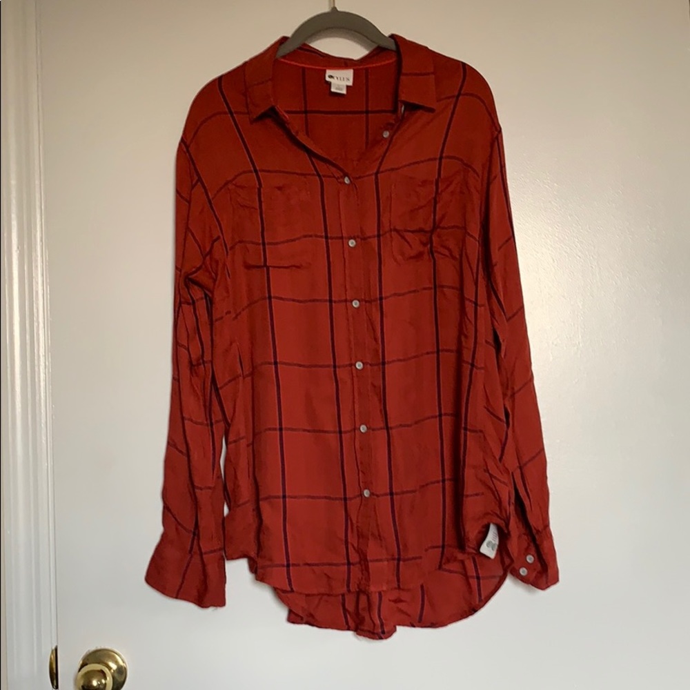 Orange and blue plaid button down blouse